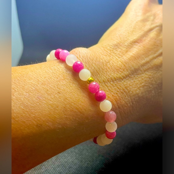 Rose Strawberry Quartz & Brushed Stone Beaded Bracelet Natural Handmade Boutique - Picture 4 of 10